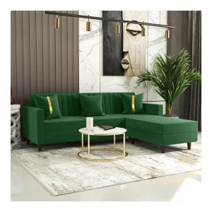 FURNY Carlo 4 Seater L Shape Sofa Set Velvet Fabric Green FURNY Carlo 4 Seater L Shape Sofa Set Velvet Fabric Green