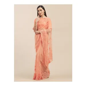 Mitera Peach Embroidered Net Saree at ₹398 | Myntra Deal Mitera Peach Embroidered Net Saree at ₹398 | Myntra Deal