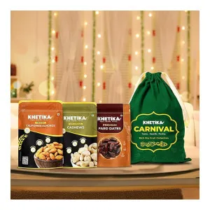 Khetika Carnival Festive Combo Dry Fruits Gift Potli 800g – Almond, Cashews, & Dates Khetika Carnival Festive Combo Dry Fruits Gift Potli 800g – Almond, Cashews, & Dates